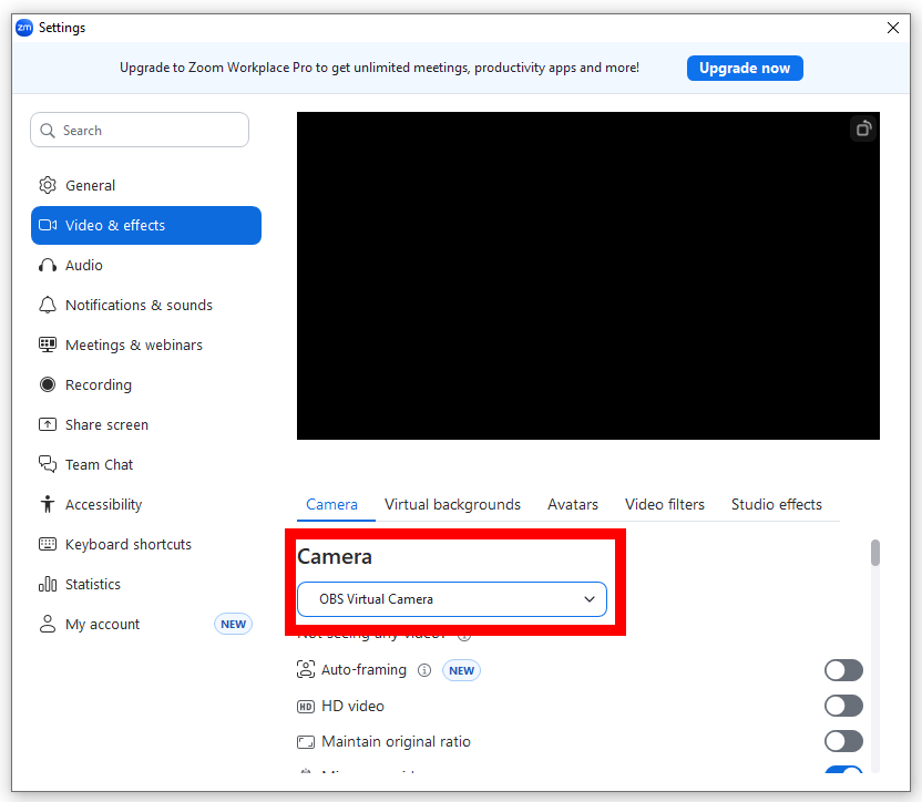 Screenshot of Camera selection dropdown menu